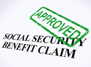 Social Security benefit claim graphic with Approved stamp